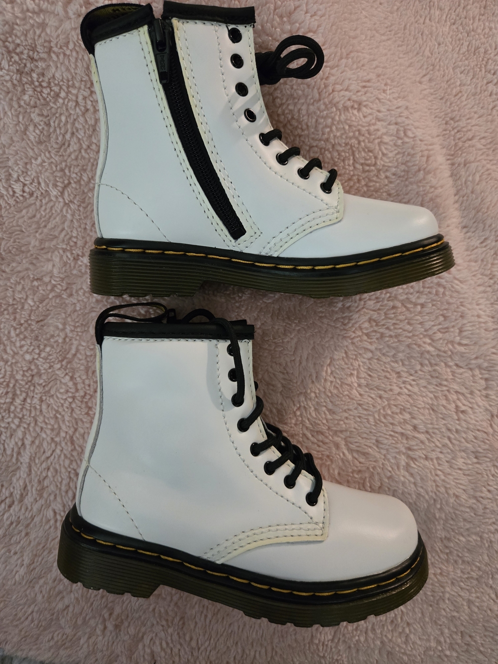 White Dr Martens Combat Boots with Black Trim and Laces